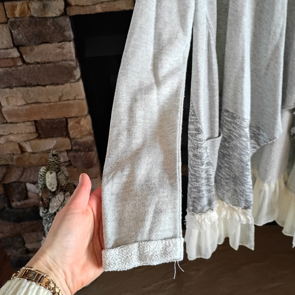 Scrapbook Gray White Cotton Boho Bohemian Open Long Cardigan Sweater - Picture 10 of 16